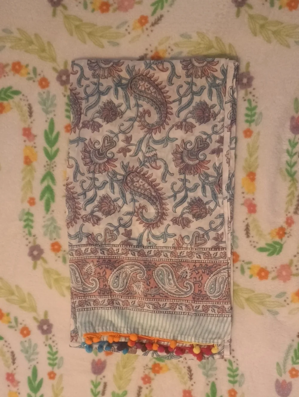 Handloom Paisley Cotton Throw with Multicolor Pom Trim